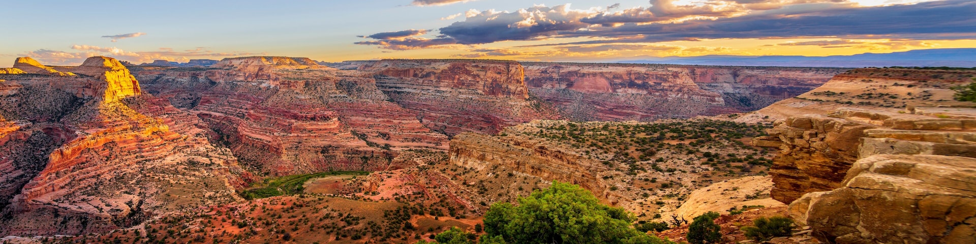 A canyon with layered rock formations and a prominent rock spire.
