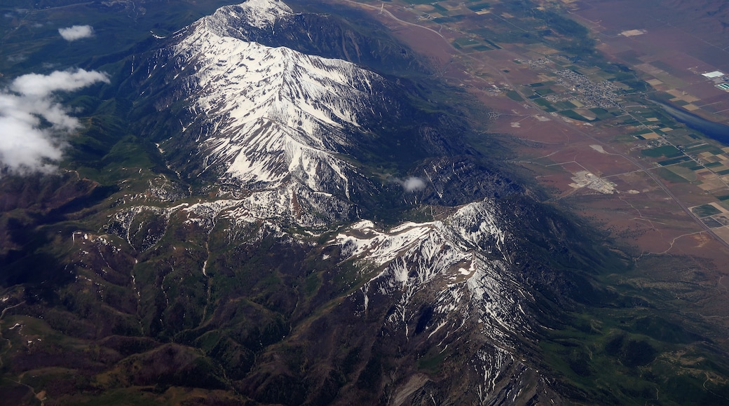 Aerial view of Mount Nebo, Utah with the towns of Nephi and Mona in the background.