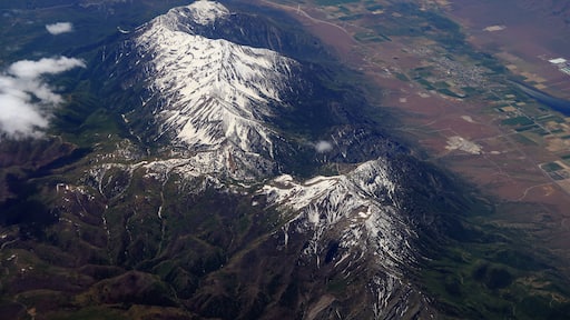 Aerial view of Mount Nebo, Utah with the towns of Nephi and Mona in the background.