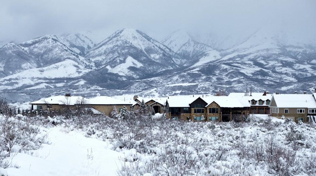 Recently built houses in Mountain Green, Morgan County, Utah, with mountains of the Wasatch Range in the background.