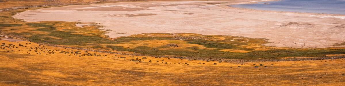 Great Salt Lake Summer Sunset Landscape in Syracuse, Greater Salt Lake City, Utah, USA: View from the Buffalo Point Hiking Trail