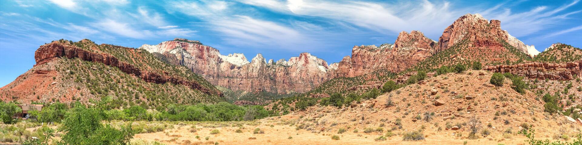 Zion National Park landscape, panoramic view on a summer day