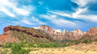 Zion National Park landscape, panoramic view on a summer day