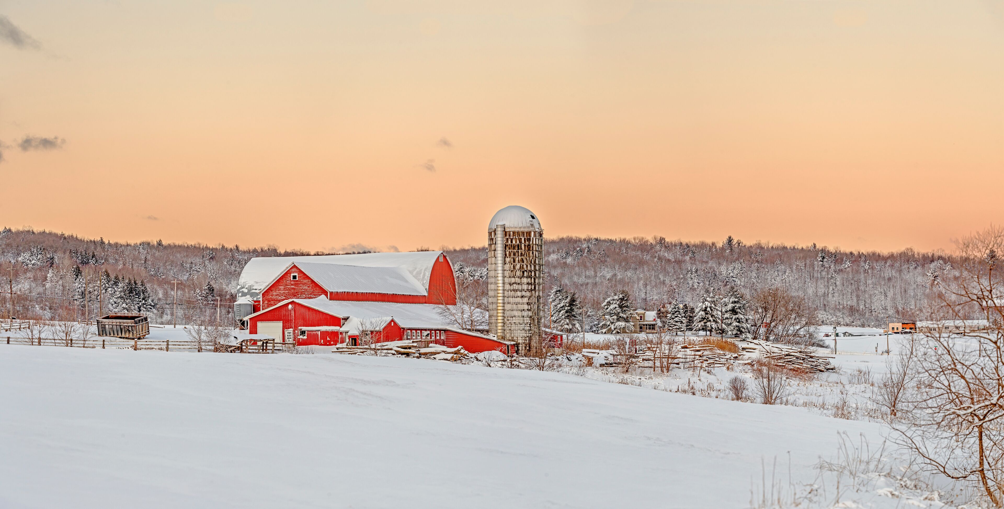 A red barn, a silo, and a snowy landscape with trees.
