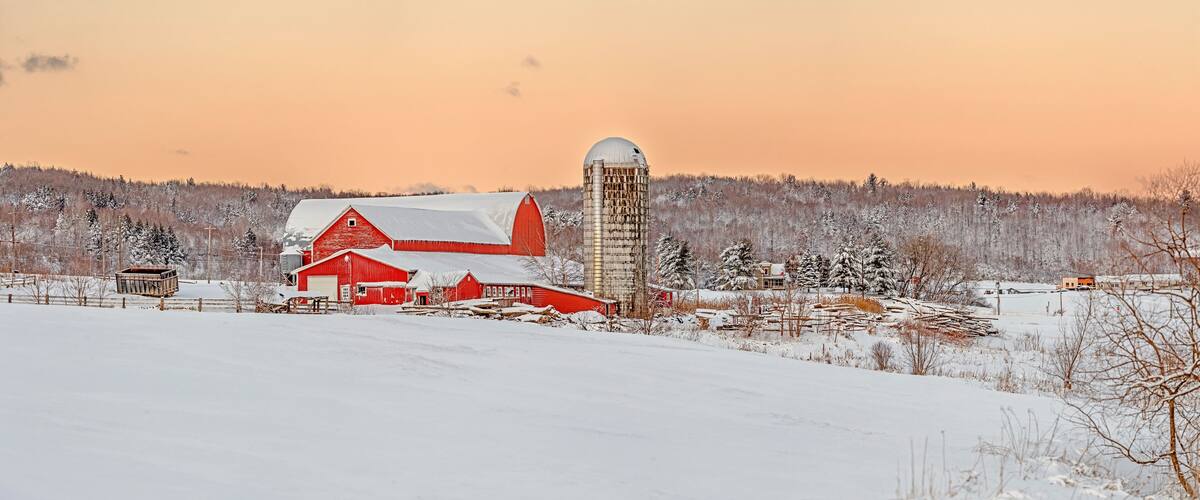 A red barn, a silo, and a snowy landscape with trees.