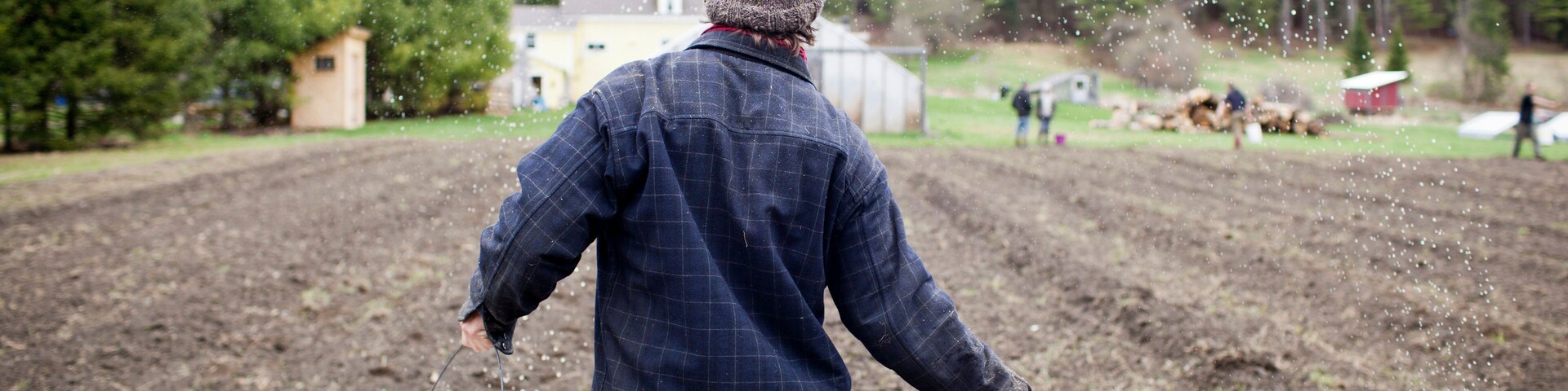 Farmer and bucket in bio dynamic farm field.