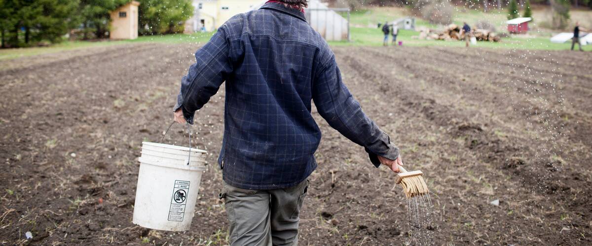 A person in a field holding a bucket and a watering can.