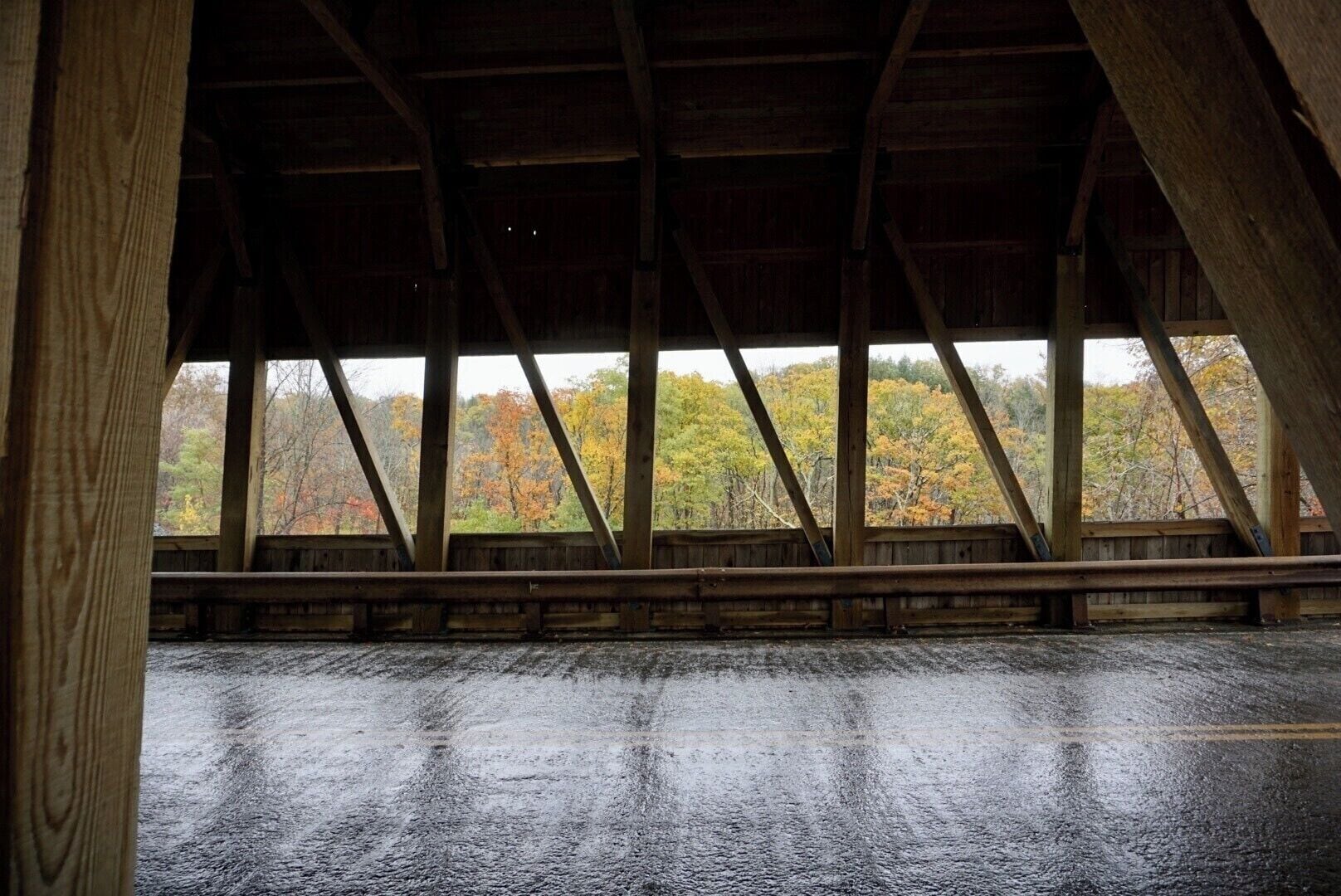 Una estructura de madera cubierta con vista a árboles otoñales.