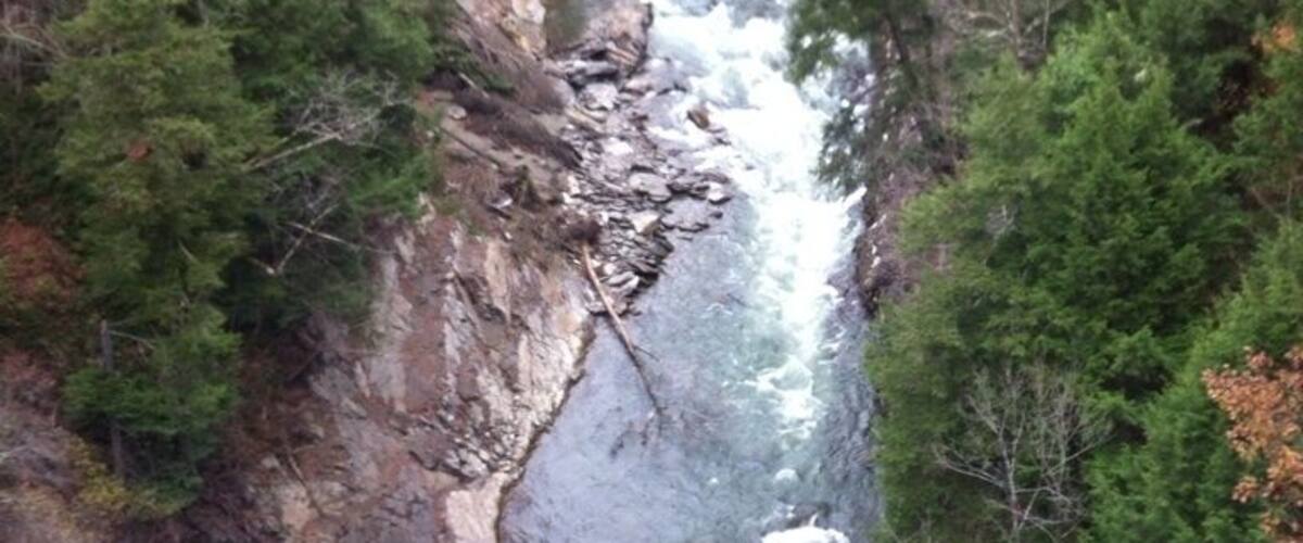 View from the roadway and bridge 165 feet above Quechee Gorge.