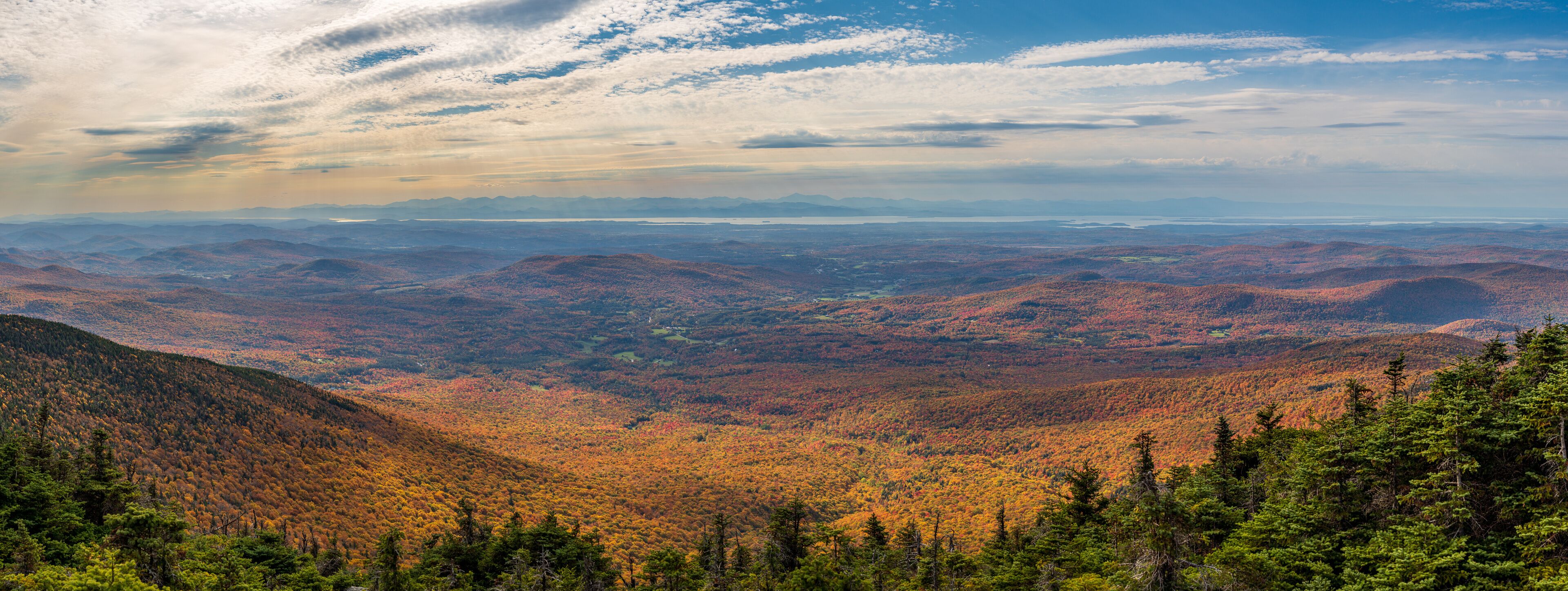 View from the summit of Mount Mansfield near Stowe in Vermont towards Lake Champlain and Adirondacks