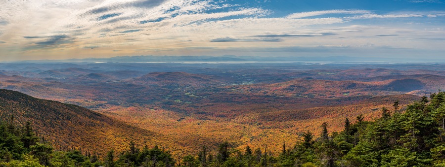 View from the summit of Mount Mansfield near Stowe in Vermont towards Lake Champlain and Adirondacks