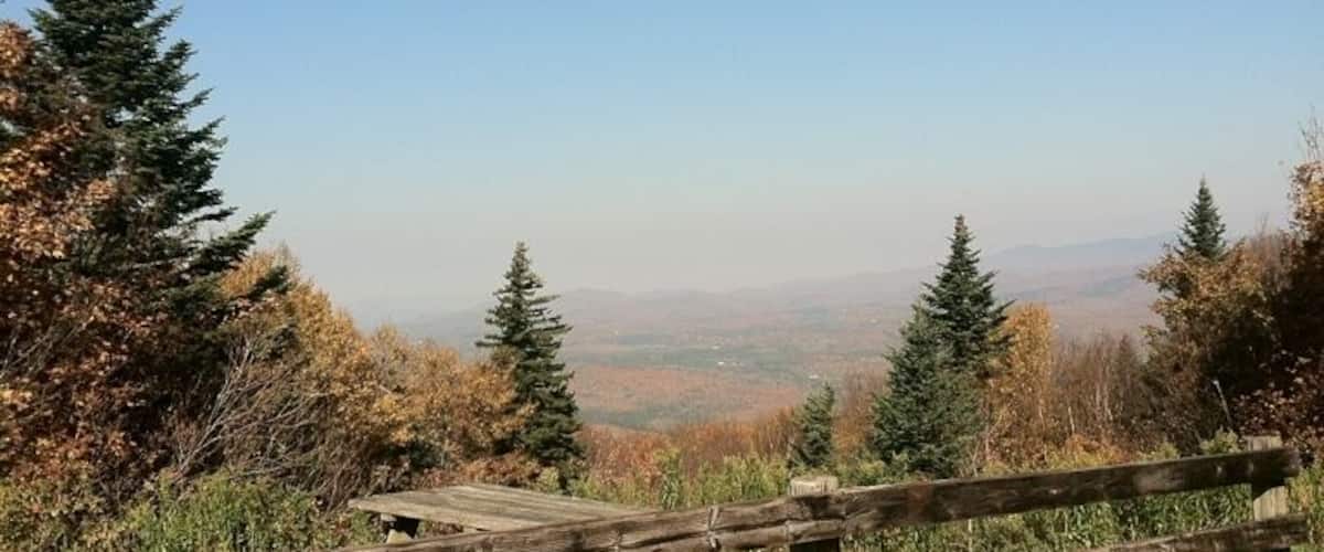 A wooden fence with a sign reading "Mt Holly Overlook Oremo State Forest."