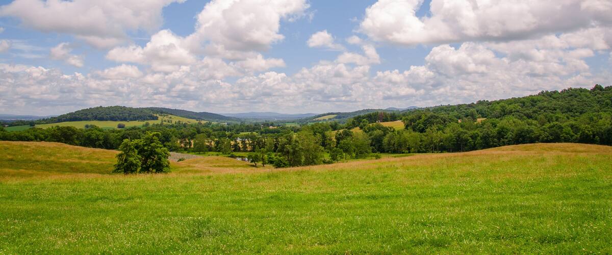 A green field with a hill in the distance and a blue sky with clouds.