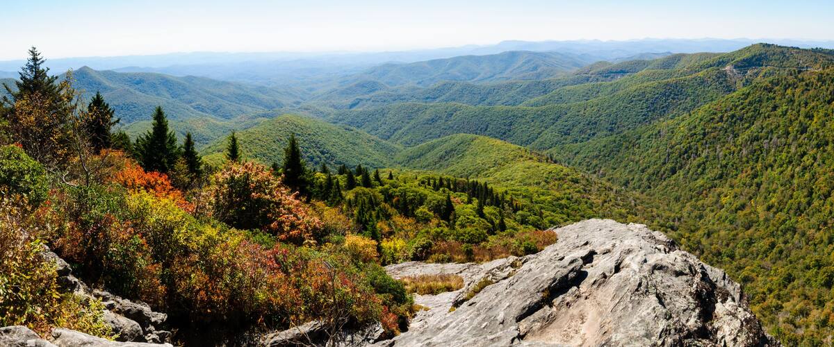 A mountainous landscape with dense forests and rocky outcrops.