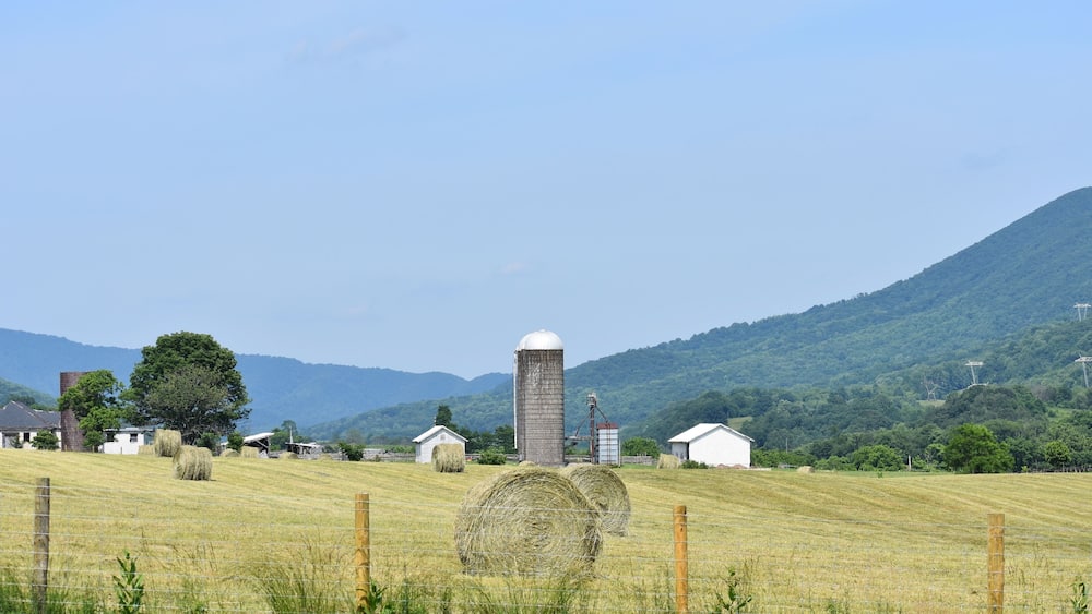 A rural landscape with hay bales, a silo, and farm buildings.