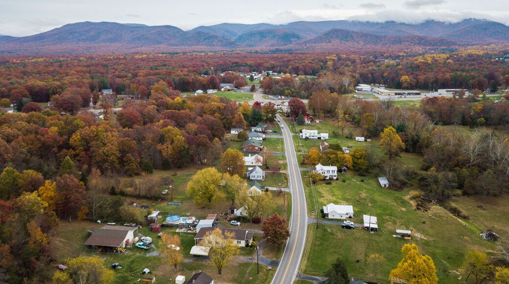 Aerial of the small town of Elkton, Virginia in the Shenandoah Valley with Mountains in the Distance