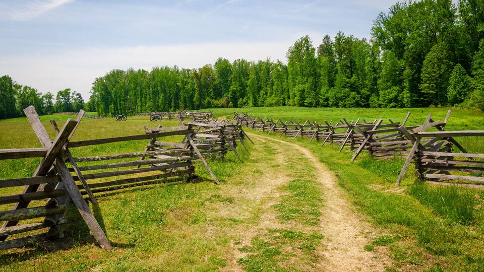 A dirt path flanked by wooden fences in a grassy field with trees in the background.