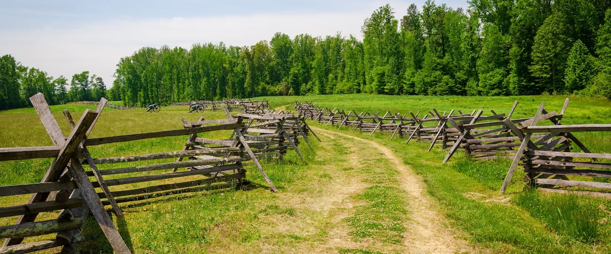 A dirt path flanked by wooden fences in a grassy field with trees in the background.