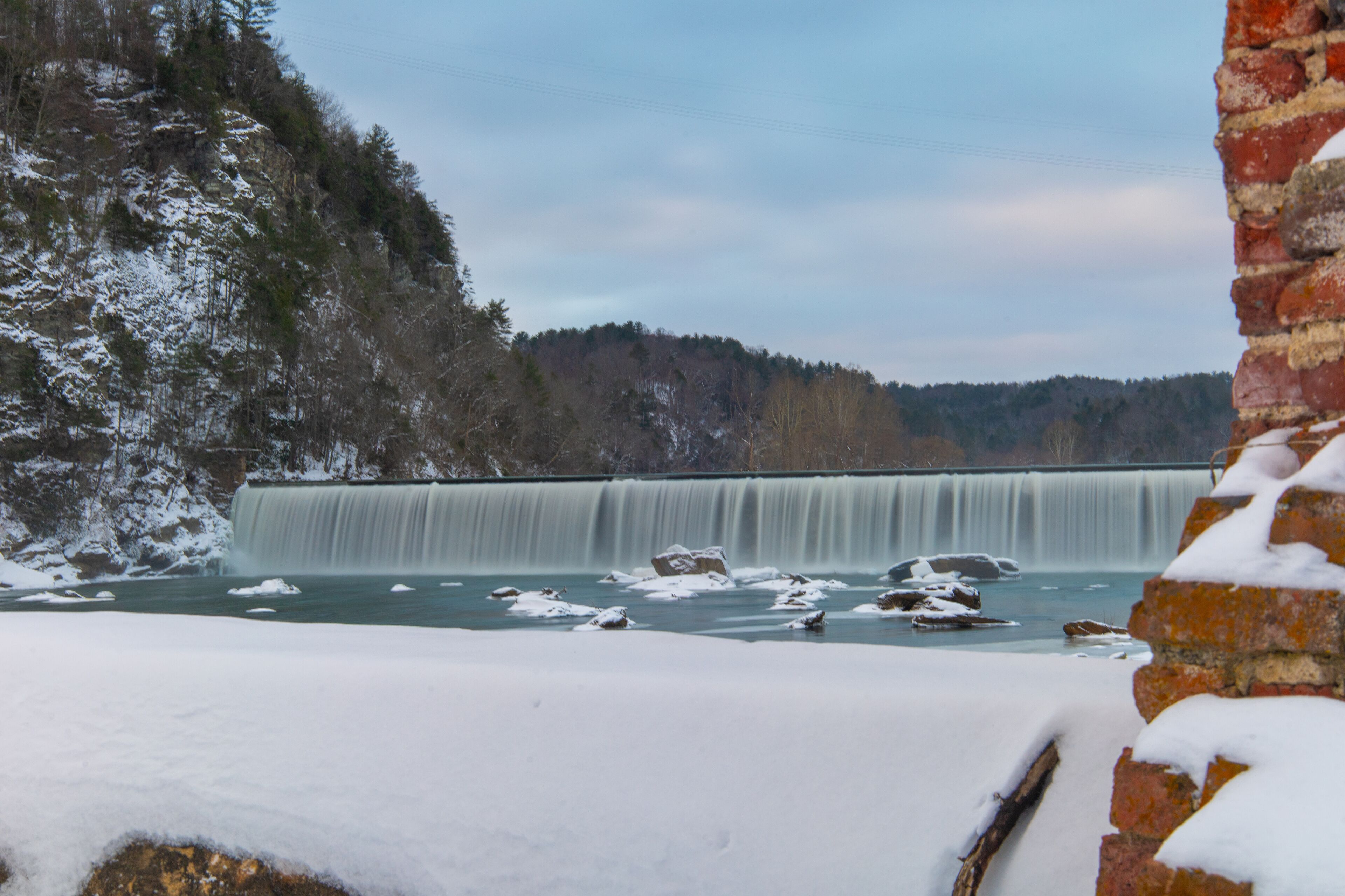 Old mill and dam in Fries, VA in winter