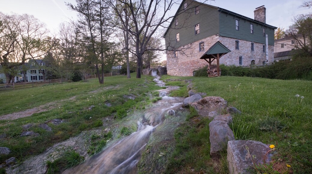 A stream flowing through a grassy area with a stone building and trees in the background.