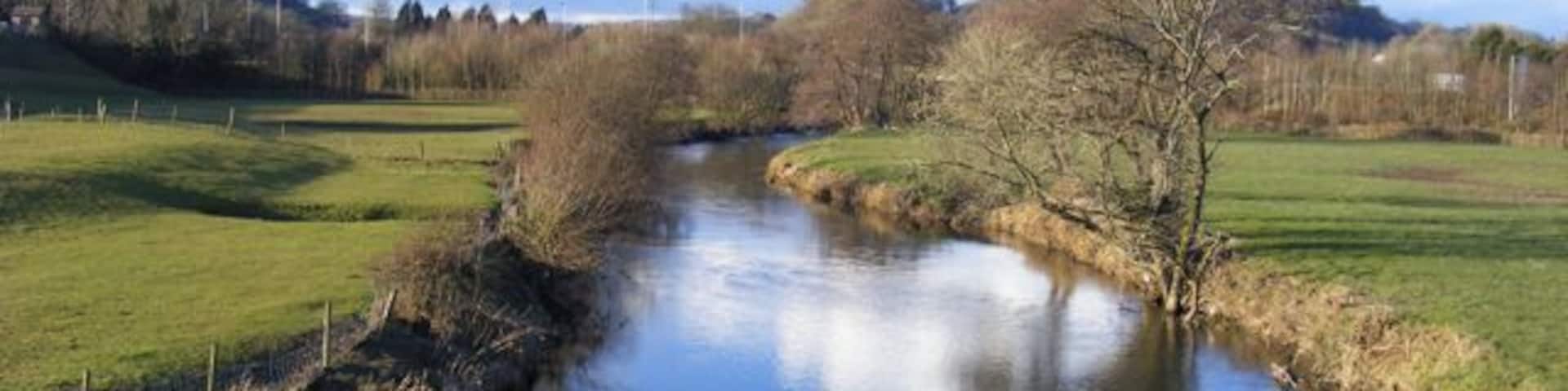 Afon Gwili (Looking North) View of the Afon (River) Gwili looking north from the Abergwili road bridge. The bridge carrying the A40(T) over the Gwili is at the top of the picture