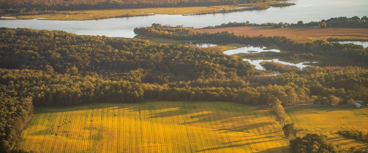 A river winding through a forested area with fields of crops.
