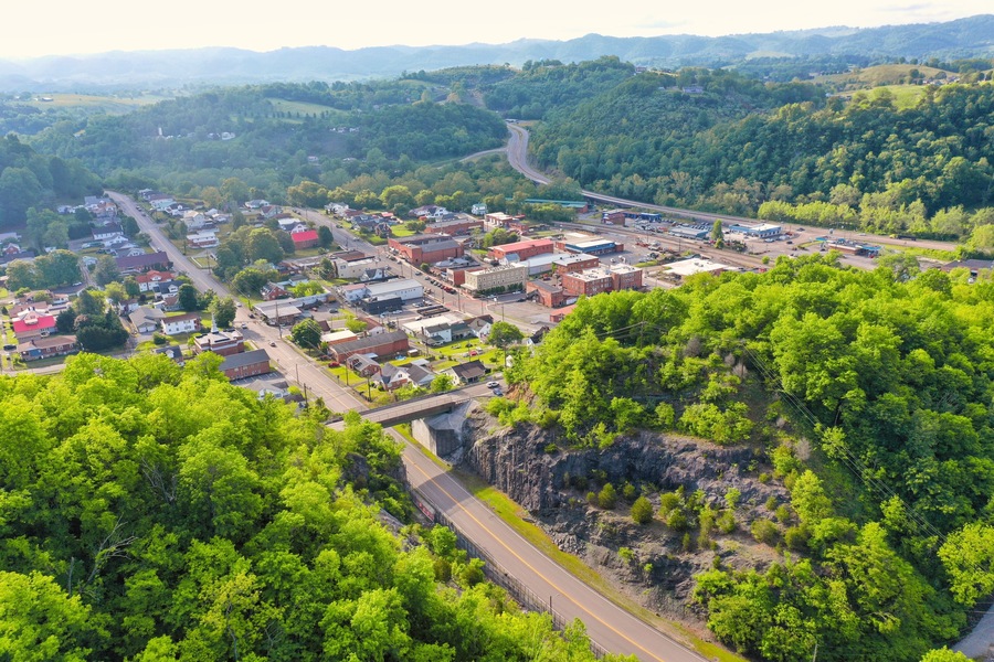 Aerial View of St. Paul Virginia – Appalachian Mountain Town, Summer Greenery, and Historic Downtown