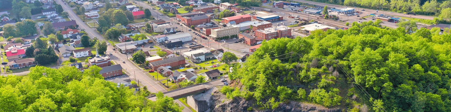 Aerial View of St. Paul Virginia – Appalachian Mountain Town, Summer Greenery, and Historic Downtown