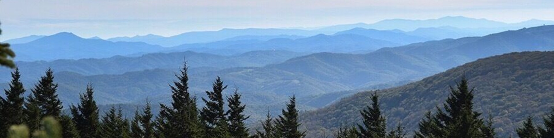 Un paisaje montañoso con densos bosques de coníferas y montañas distantes bajo un cielo parcialmente nublado.