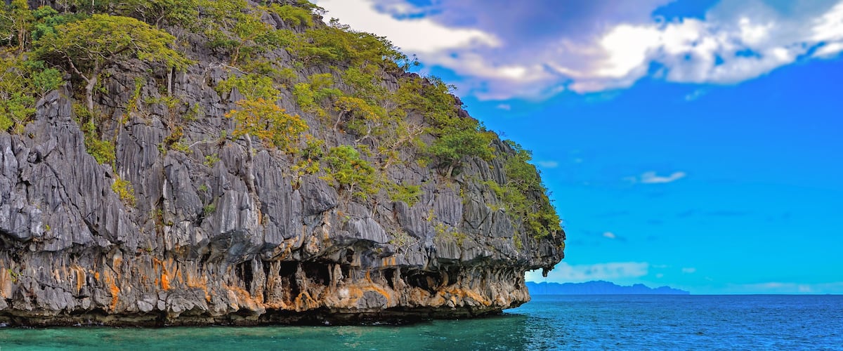 A rugged cliff with lush greenery and a clear blue sea.