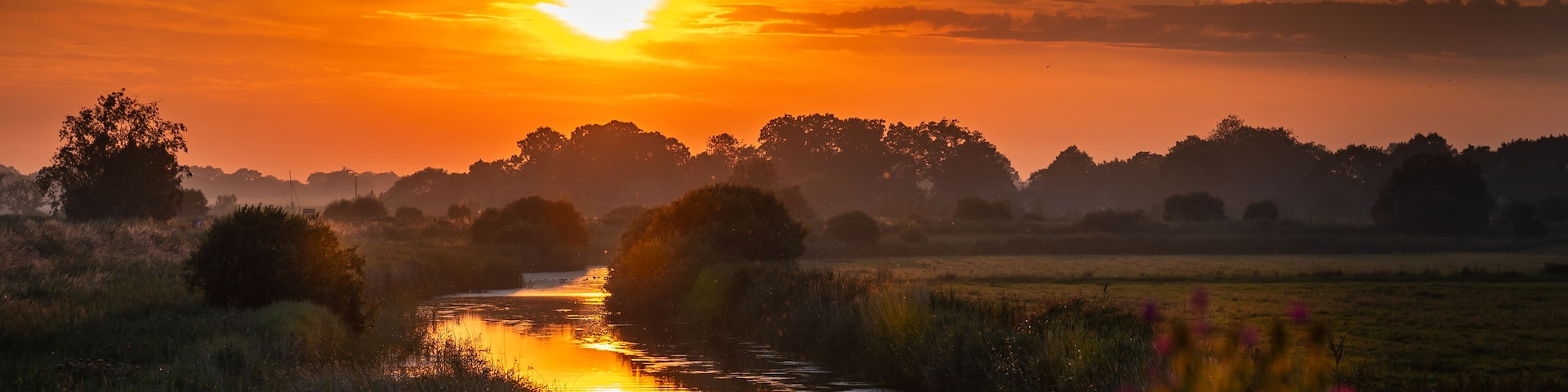 Un atardecer sobre un río con árboles y campos.