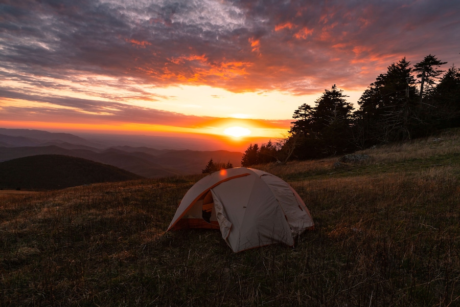 Camping on the Appalachian Trail at Whitetop Mountain, Virginia at Sunset