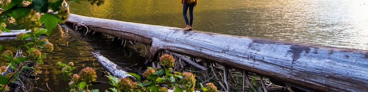 A person standing on a log by a lake with mountains in the background.