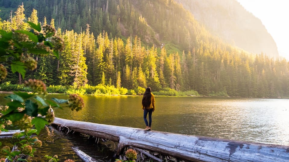A person standing on a log by a lake with mountains in the background.