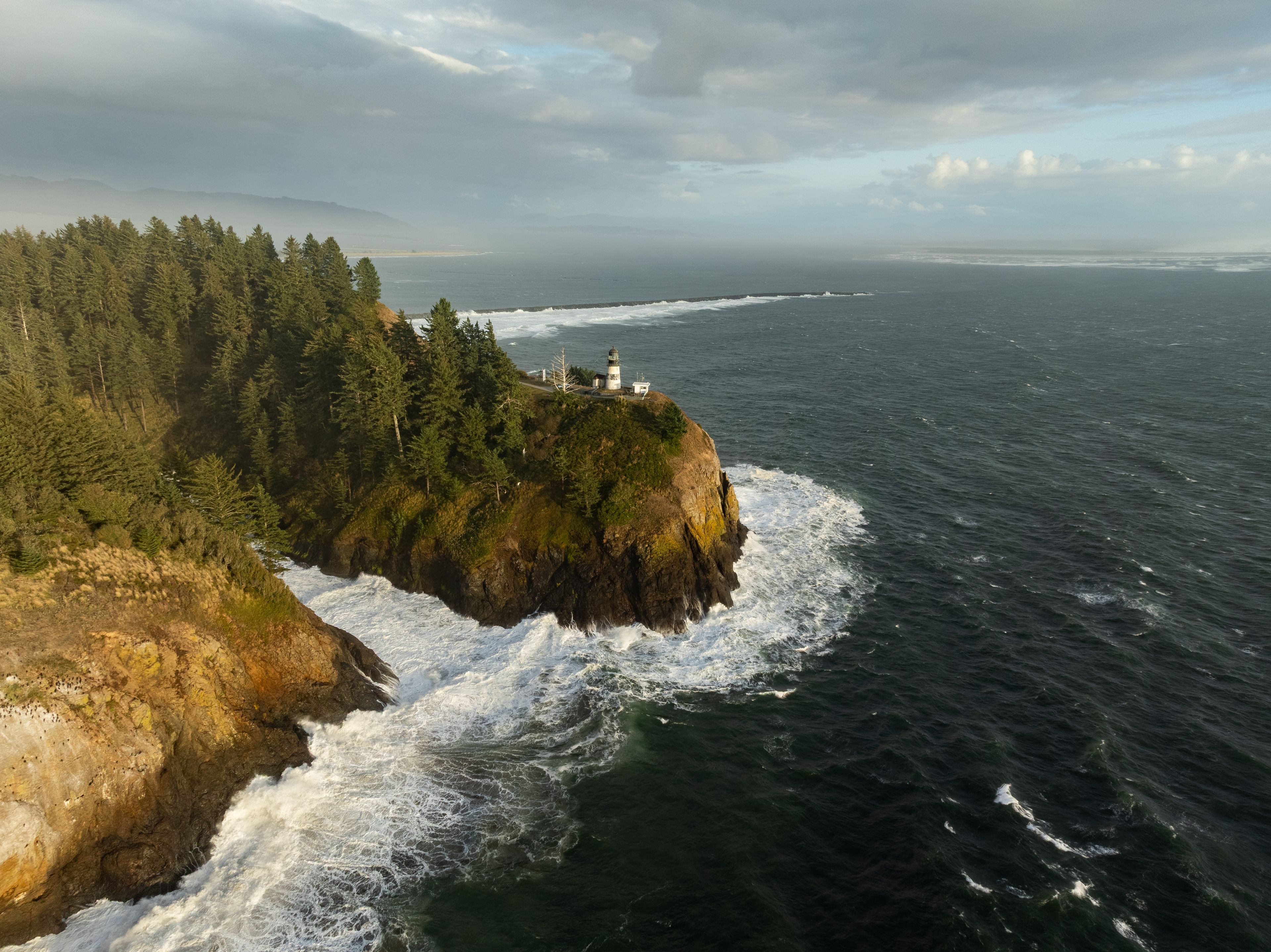 A lighthouse on a rocky cliff overlooking the ocean, surrounded by dense forest.