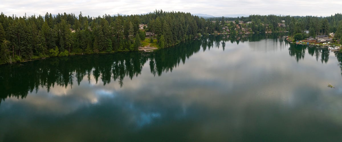 A calm lake surrounded by dense forests and residential buildings.