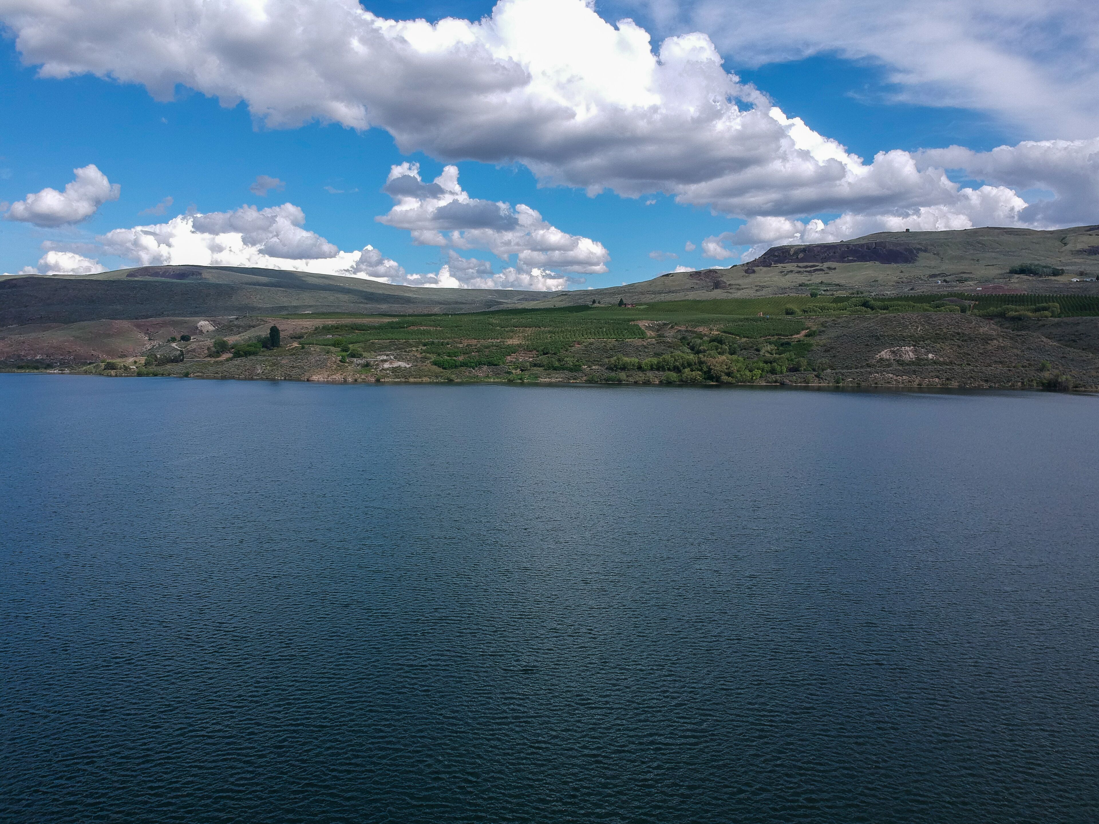 Terrific aerial pictures of magnificent Bridgeport State Park the Columbia River and its outer banks with dramatic skies and clouds in Okanogan County Washington State