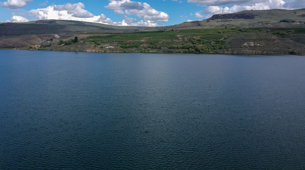Terrific aerial pictures of magnificent Bridgeport State Park the Columbia River and its outer banks with dramatic skies and clouds in Okanogan County Washington State