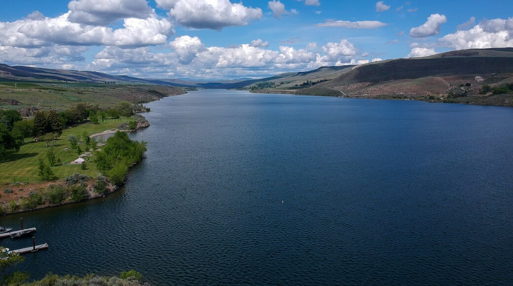 Terrific aerial pictures of magnificent Bridgeport State Park the Columbia River and its outer banks with dramatic skies and clouds in Okanogan County Washington State