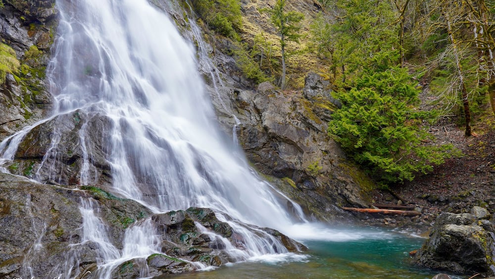 A waterfall cascading over rocks into a clear pool surrounded by forest.