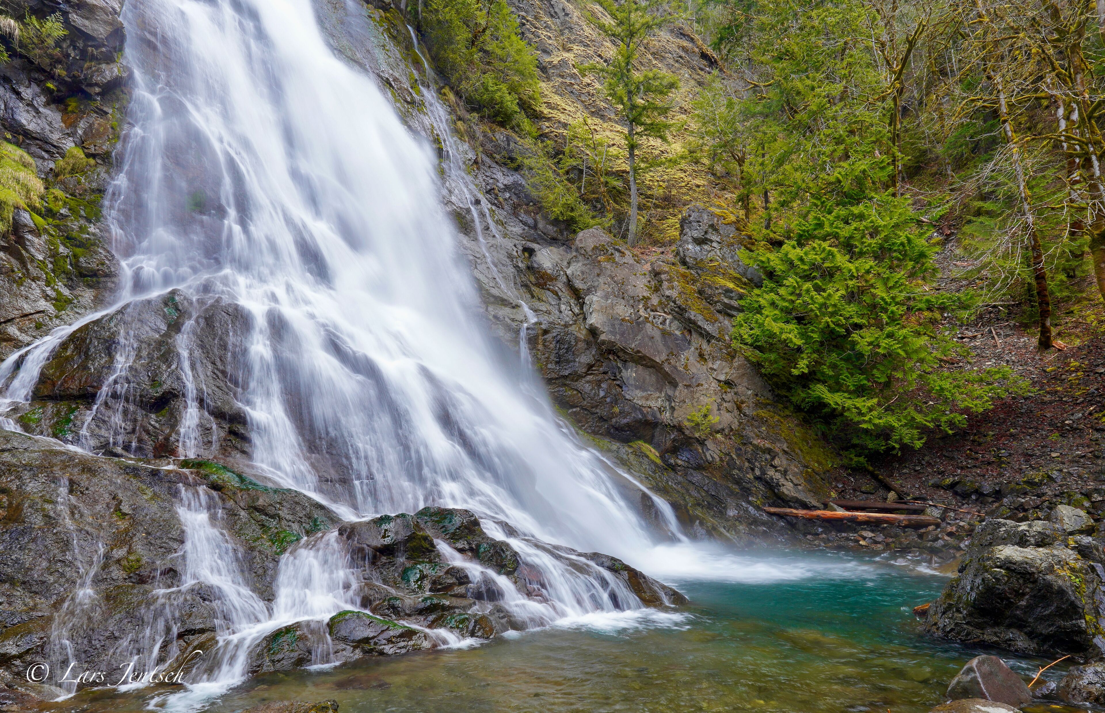 A waterfall cascading over rocks into a clear pool surrounded by forest.
