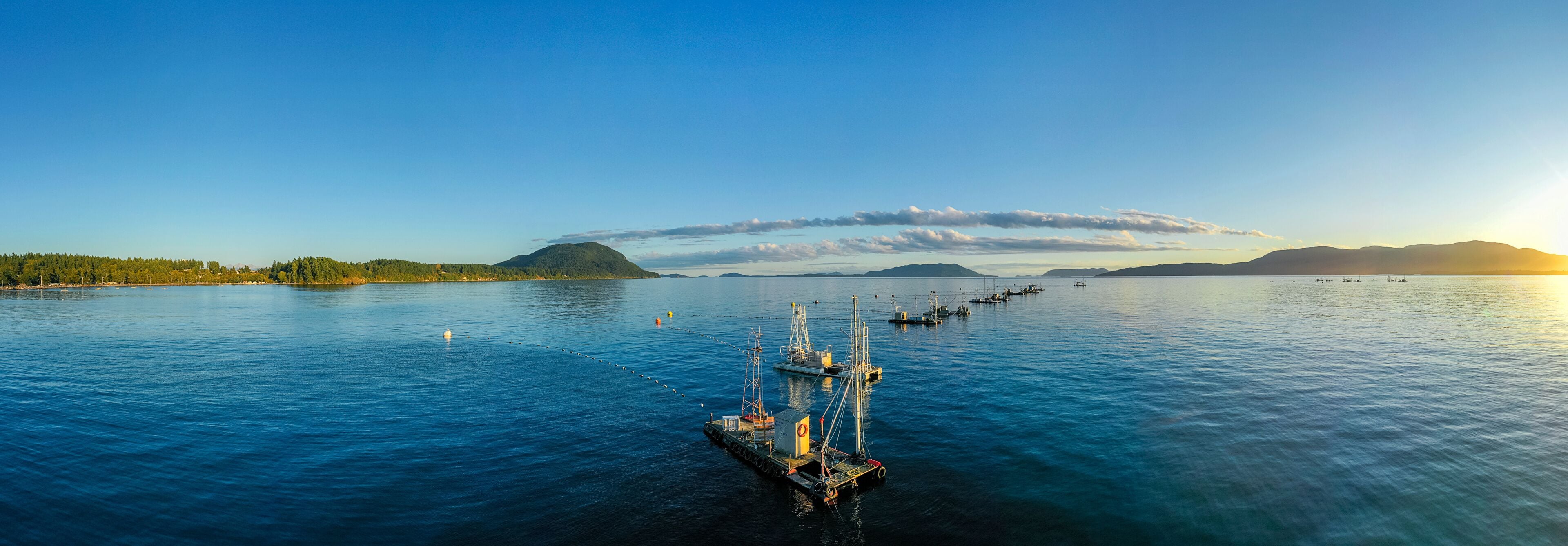 Reefnet Salmon Fishing Boats Off Lummi Island, Washington. Wild Pacific salmon reefnet fishing is an historical Pacific Northwest fishing method- the oldest known salmon net fishery in the world.