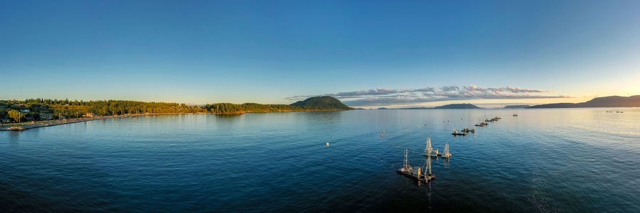 Reefnet Salmon Fishing Boats Off Lummi Island, Washington. Wild Pacific salmon reefnet fishing is an historical Pacific Northwest fishing method- the oldest known salmon net fishery in the world.