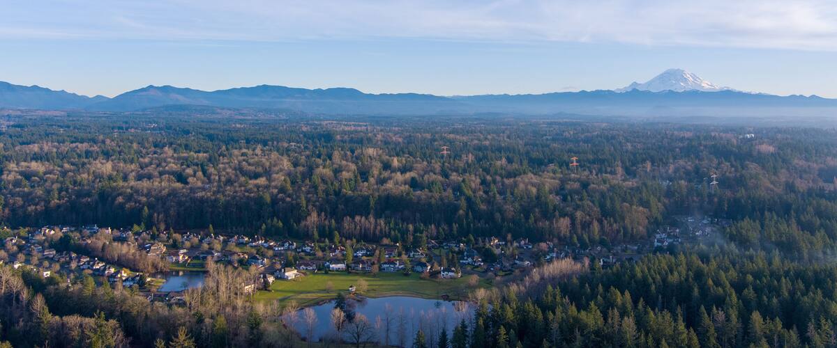 A town surrounded by forest and mountains, with a lake and a snow-capped peak in the distance.