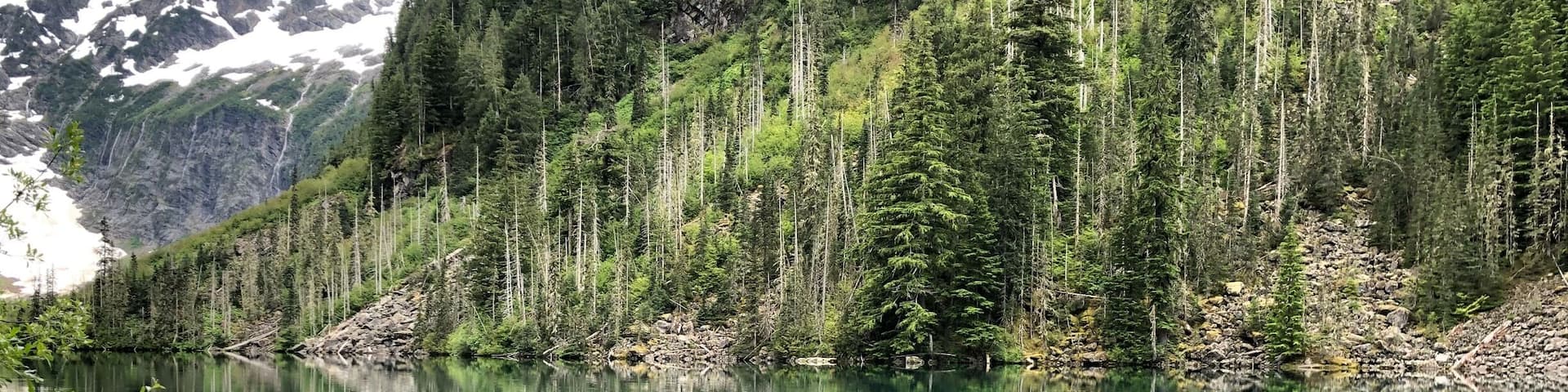 A clear mountain lake surrounded by dense forest and snow-capped peaks.