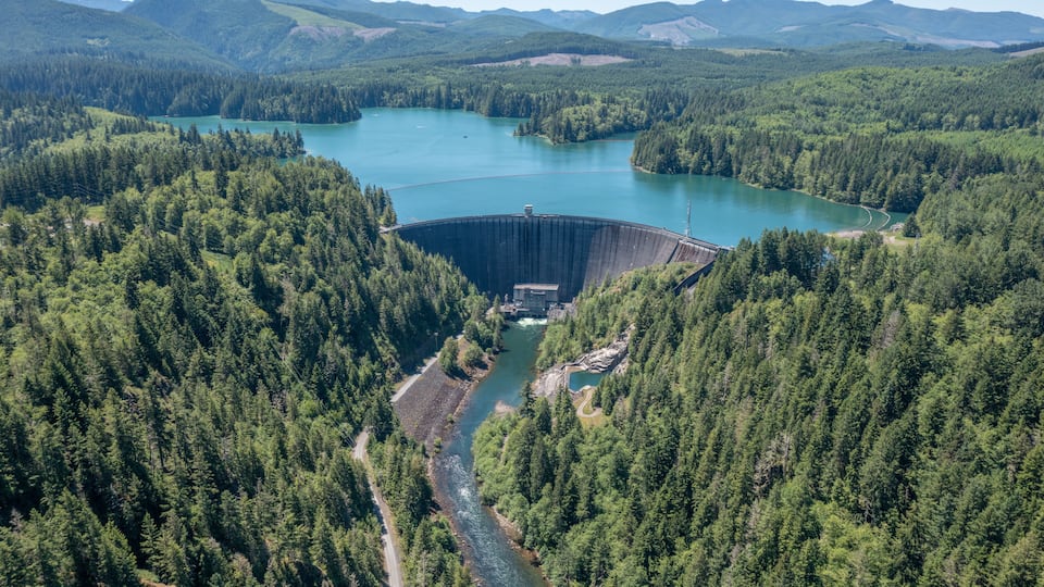 A hydroelectric dam surrounded by dense forests and a lake.