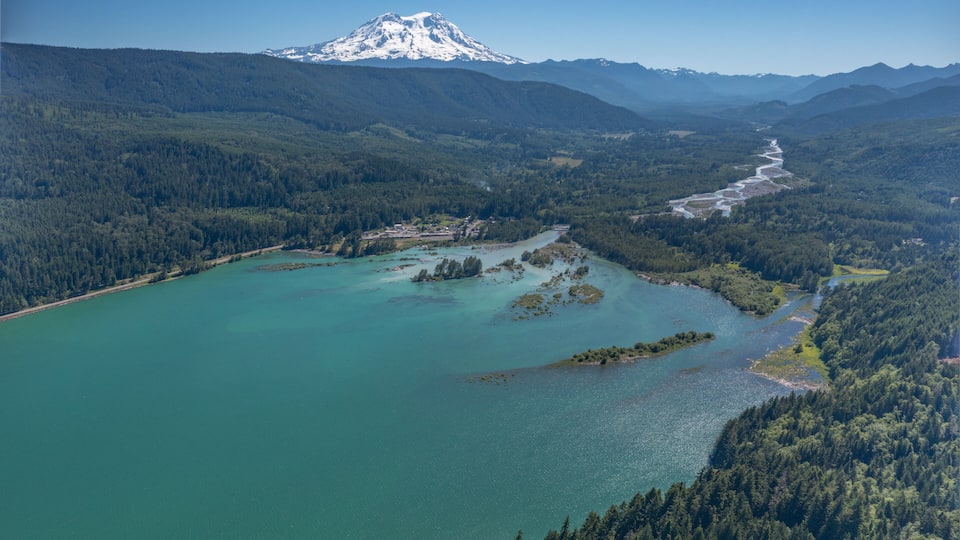 A lake surrounded by dense forests and a snow-capped mountain in the background.