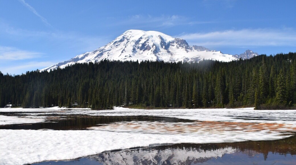 Snow covered Reflection Lake in the spring time. Pro Tip: Birkenstocks are not good snow shoes. #takeahike