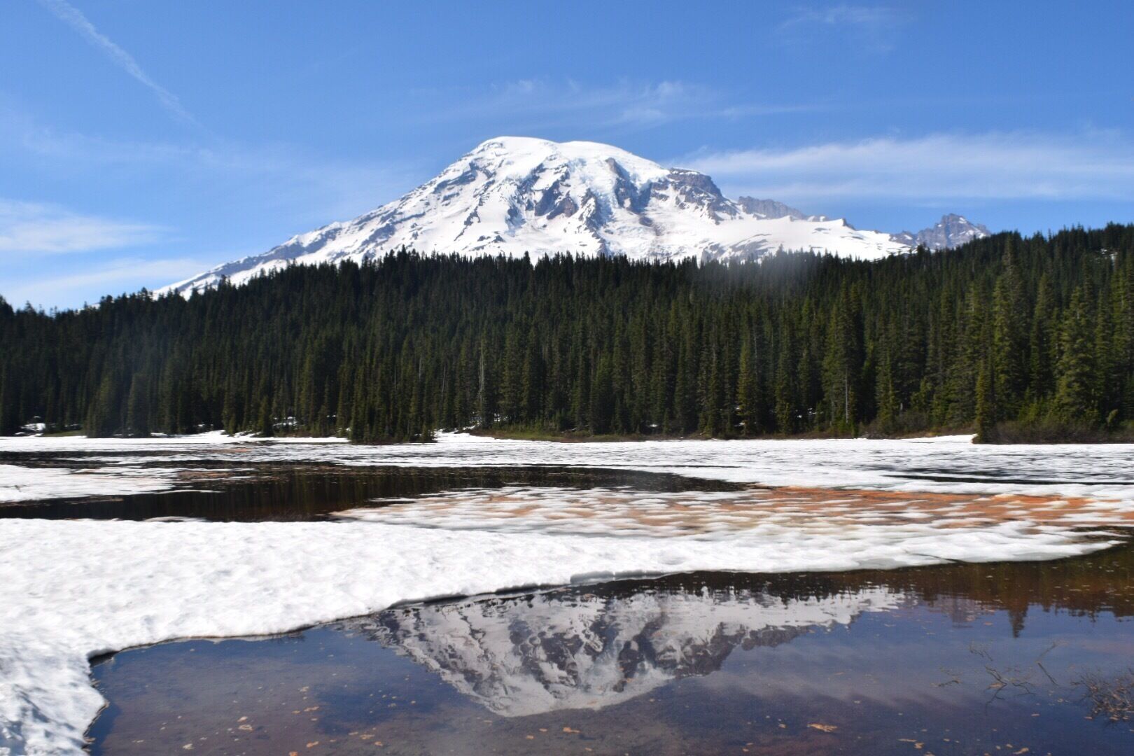 A snow-capped mountain, a forest, and a reflective water body.