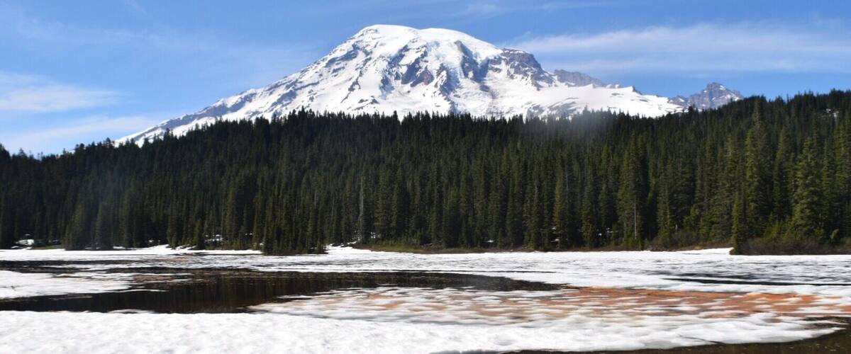 A snow-capped mountain, a forest, and a reflective water body.